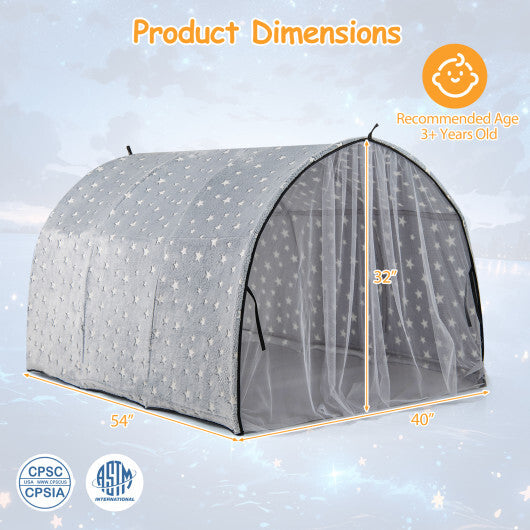 Kids Dream Bed Tent Twin Bunk Bed with Glow in the Dark Stars and Lights-Gray W2B