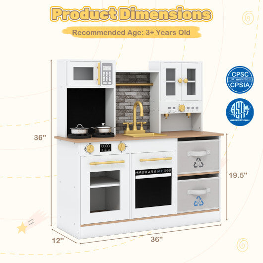 Kids Wooden Kitchen Playset with Stoves Sound Light for 3+ Years Old-White