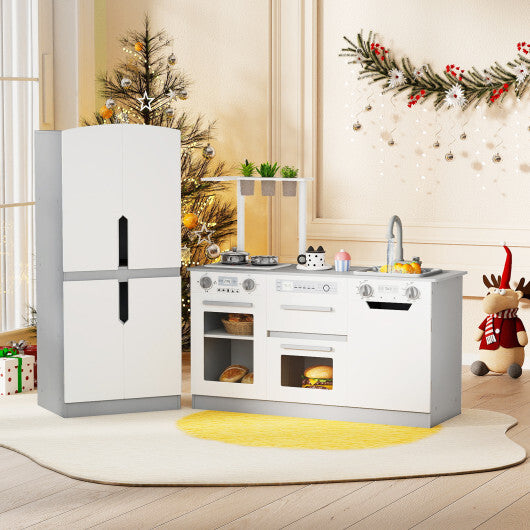 Wooden 2 Piece Kids Kitchen Playset with Fridge and Running Water-Gray