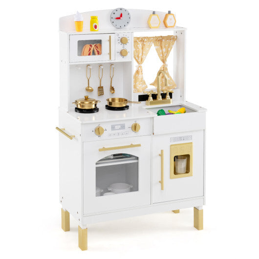Play Kitchen for Kids Wooden Chef Pretend Playset with 3 Adjustable Heights Microwave-Gold