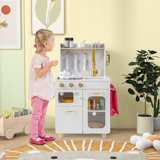 Kids Kitchen Set Pretend Play Kitchen with Stoves Faucet Sink Telephone Microwave and Oven-White W2B