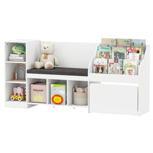Kids Bookcase with Reading Nook 4-in-1 Standing Toy Organizer-White