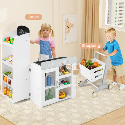 Kids Grocery Store Playset Convertible Wooden Play Store with Shopping Cart-White