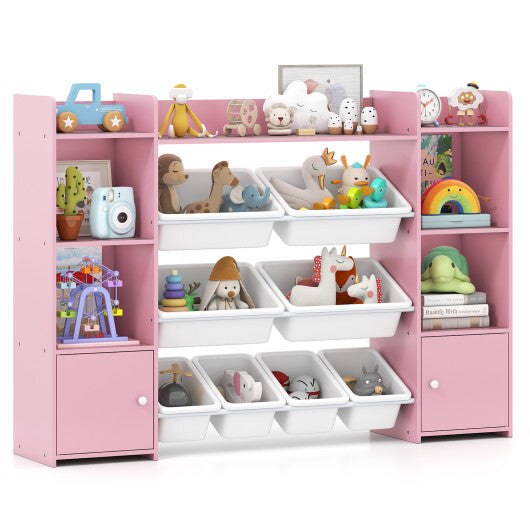 56 inch Large Toy Storage Organizer with 8 Removable Bins and Bookshelf-Pink W2B