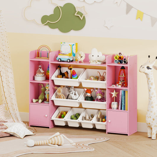 56 inch Large Toy Storage Organizer with 8 Removable Bins and Bookshelf-Pink W2B
