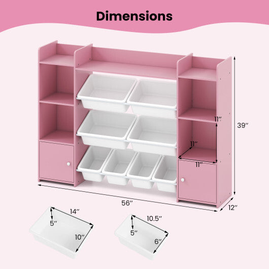 56 inch Large Toy Storage Organizer with 8 Removable Bins and Bookshelf-Pink W2B
