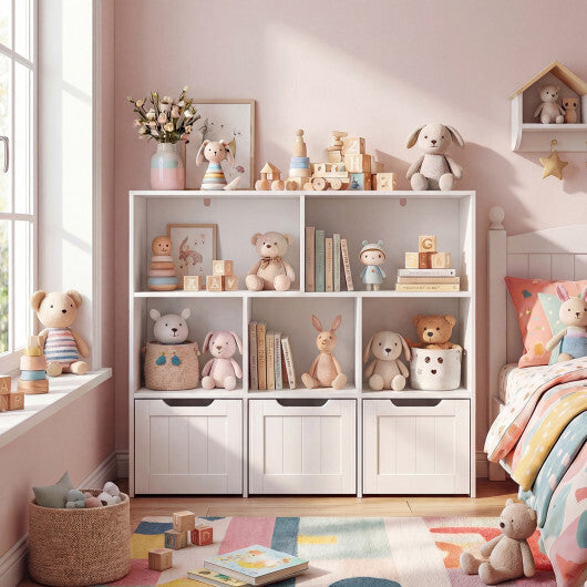 Toy Storage Organizer with 3 Movable Drawers and 5 Open Cubbies for Playroom-White W2B