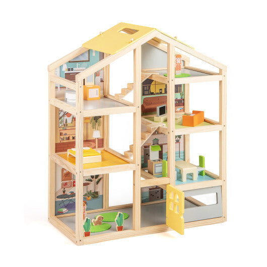 Wooden Dollhouse for Kids Modern Family Pretend Playhouse with Furniture Pieces and Figures-Natural W2B