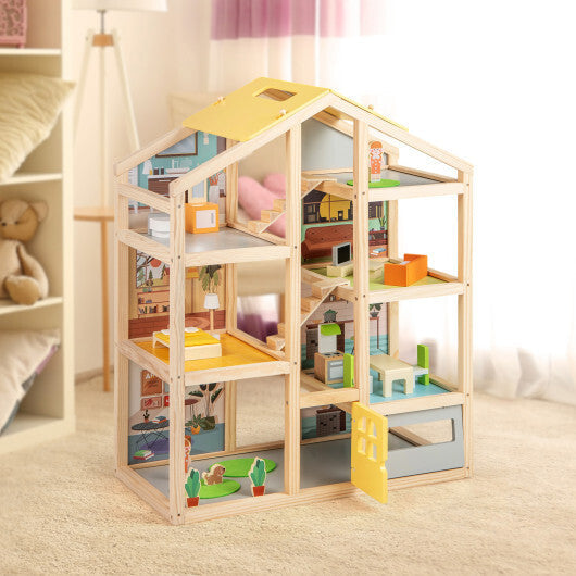 Wooden Dollhouse for Kids Modern Family Pretend Playhouse with Furniture Pieces and Figures-Natural W2B