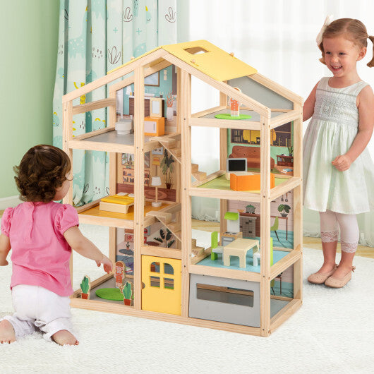 Wooden Dollhouse for Kids Modern Family Pretend Playhouse with Furniture Pieces and Figures-Natural W2B