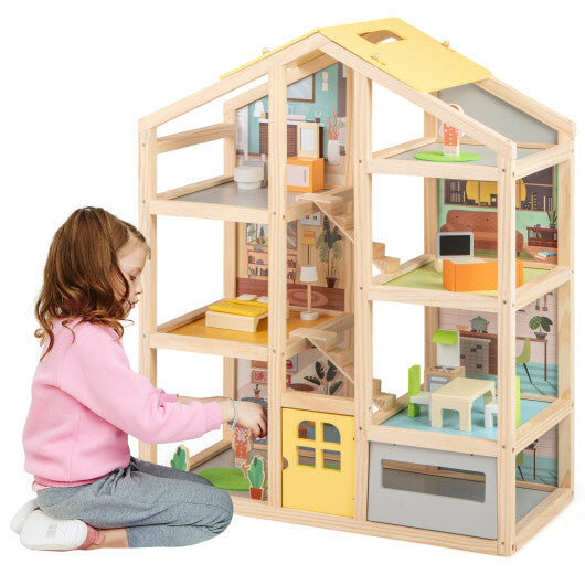 Wooden Dollhouse for Kids Modern Family Pretend Playhouse with Furniture Pieces and Figures-Natural W2B