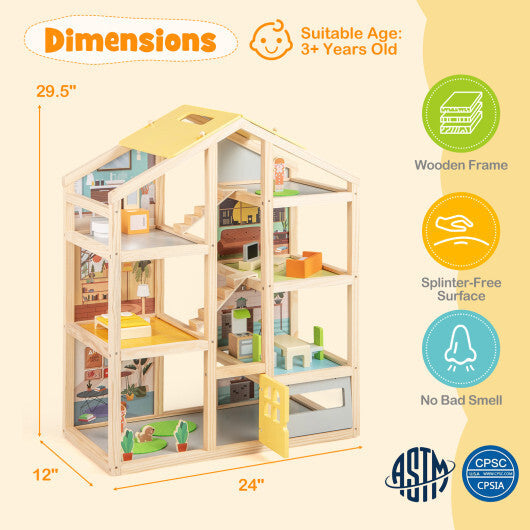 Wooden Dollhouse for Kids Modern Family Pretend Playhouse with Furniture Pieces and Figures-Natural W2B