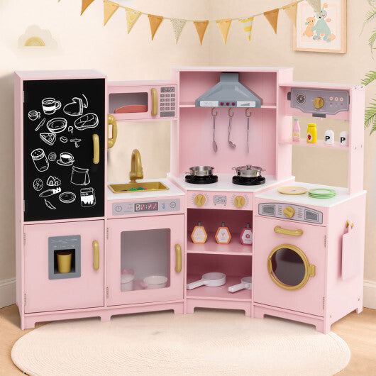 Corner Wooden Play Kitchen with Lights and Sounds Large Pretend Play Kitchen Set-Espresso