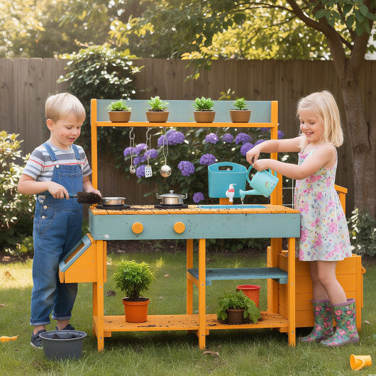 Costway Play Kitchen for Kids Wooden Toy Kitchen Playset Pretend Mud Kitchen-Yellow W2B