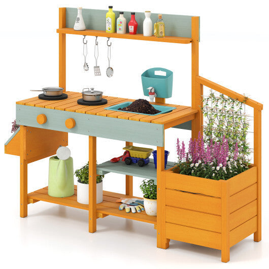 Costway Play Kitchen for Kids Wooden Toy Kitchen Playset Pretend Mud Kitchen-Yellow W2B