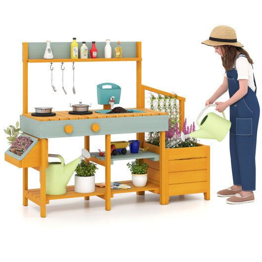 Costway Play Kitchen for Kids Wooden Toy Kitchen Playset Pretend Mud Kitchen-Yellow W2B