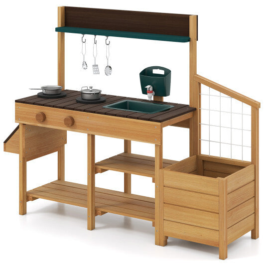Play Kitchen for Kids Wooden Toy Kitchen Playset Pretend Mud Kitchen-Yellow W2B