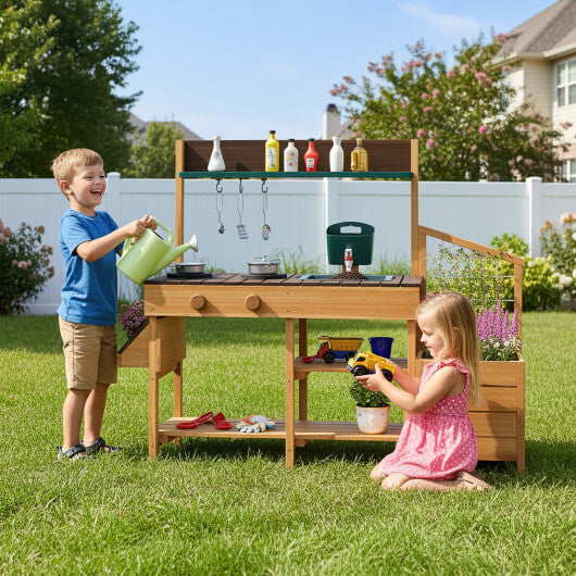 Play Kitchen for Kids Wooden Toy Kitchen Playset Pretend Mud Kitchen-Yellow W2B