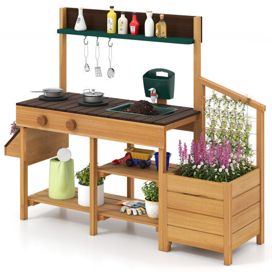 Play Kitchen for Kids Wooden Toy Kitchen Playset Pretend Mud Kitchen-Yellow W2B