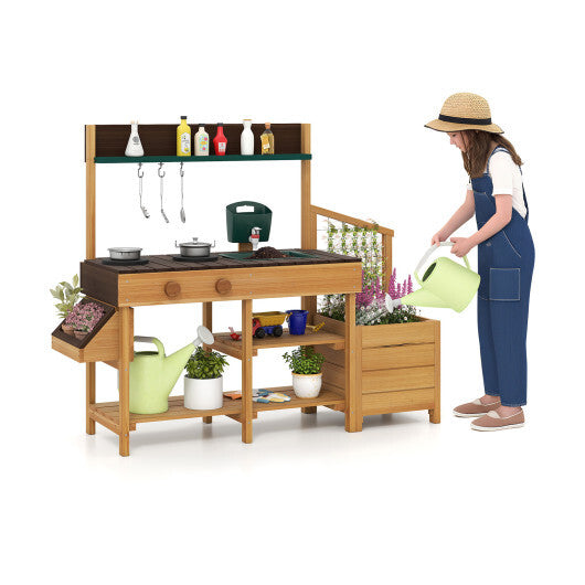 Play Kitchen for Kids Wooden Toy Kitchen Playset Pretend Mud Kitchen-Yellow W2B