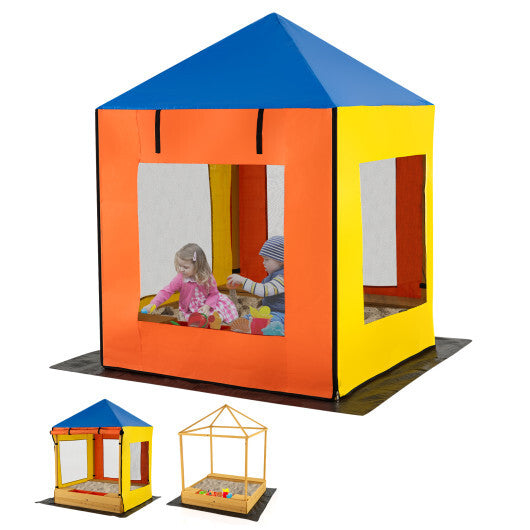 Kids Wooden Sandbox with Canopy Large Sand Pit with Mesh Windows and Bottom Liner-Multicolor