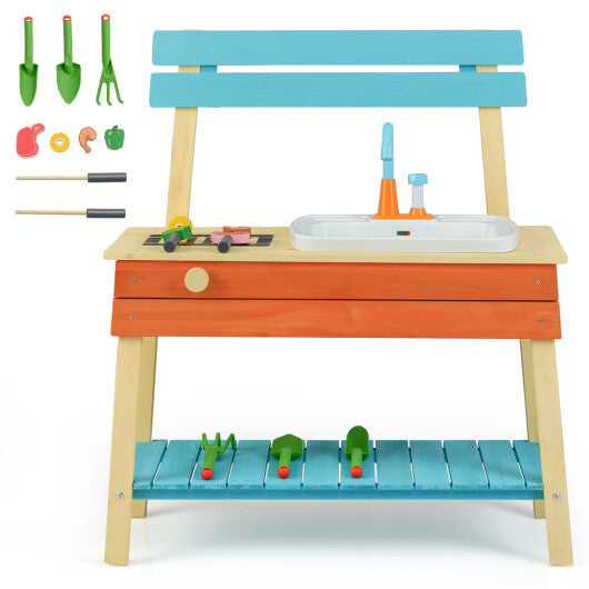 Kids Play Kitchen Set  Wooden Kitchen Playset Chef Pretend Mud Kitchen-Blue