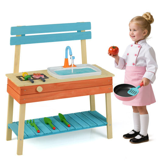 Kids Play Kitchen Set  Wooden Kitchen Playset Chef Pretend Mud Kitchen-Blue