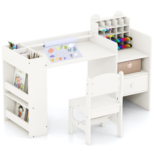 Kids Art Table and Chair Set with Detachable Paper Roll Holder and Cabinet-White W2B