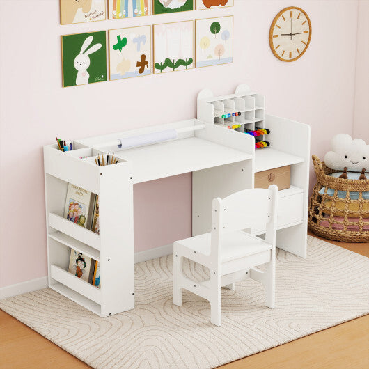 Kids Art Table and Chair Set with Detachable Paper Roll Holder and Cabinet-White W2B