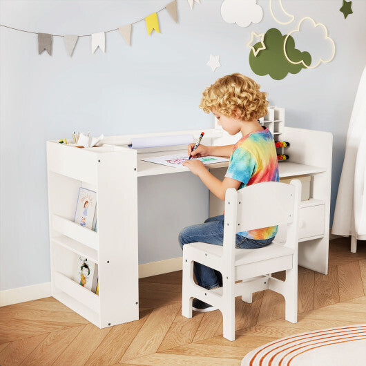 Kids Art Table and Chair Set with Detachable Paper Roll Holder and Cabinet-White W2B