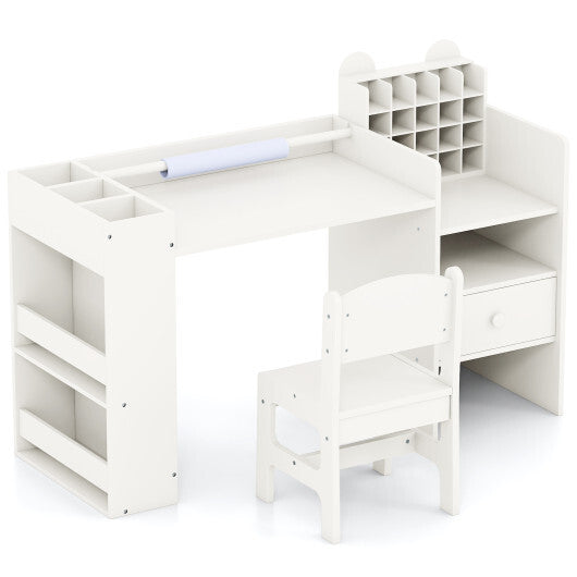 Kids Art Table and Chair Set with Detachable Paper Roll Holder and Cabinet-White W2B