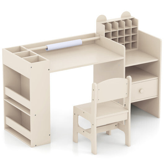 Kids Art Table and Chair Set with Detachable Paper Roll Holder and Cabinet-White W2B