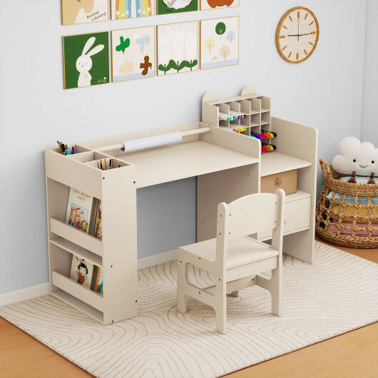 Kids Art Table and Chair Set with Detachable Paper Roll Holder and Cabinet-White W2B