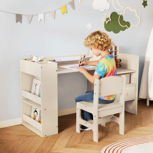 Kids Art Table and Chair Set with Detachable Paper Roll Holder and Cabinet-White W2B