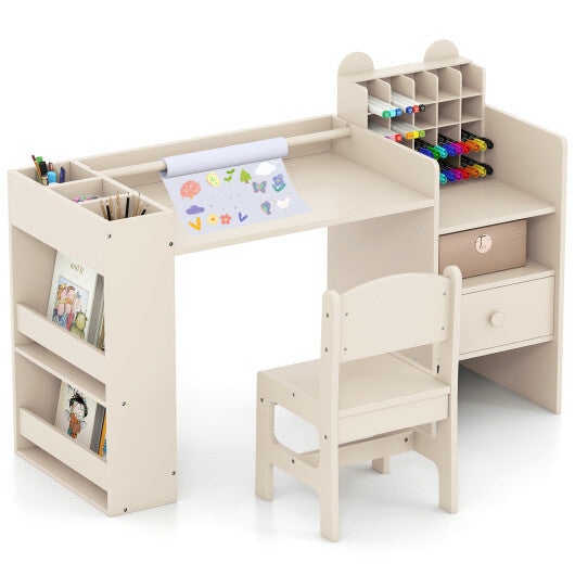 Kids Art Table and Chair Set with Detachable Paper Roll Holder and Cabinet-White W2B