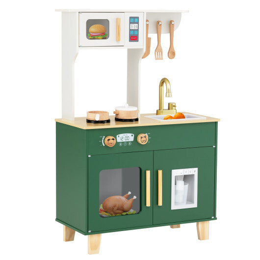 Kids Play Kitchen with Microwave and Rotation Knobs for Girls Boys Aged 3-6-Green W2B