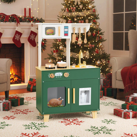 Kids Play Kitchen with Microwave and Rotation Knobs for Girls Boys Aged 3-6-Green W2B