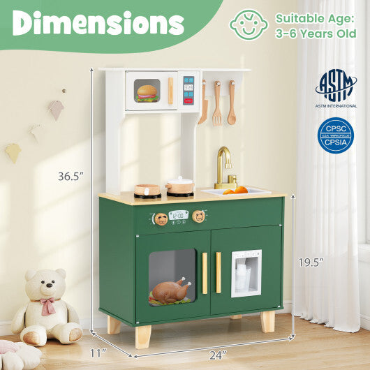 Kids Play Kitchen with Microwave and Rotation Knobs for Girls Boys Aged 3-6-Green W2B