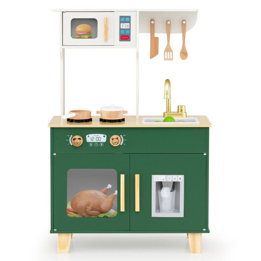 Kids Play Kitchen with Microwave and Rotation Knobs for Girls Boys Aged 3-6-Green W2B