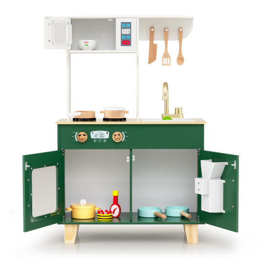 Kids Play Kitchen with Microwave and Rotation Knobs for Girls Boys Aged 3-6-Green W2B