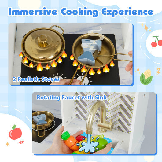 Kids Play Kitchen with Stoves and Faucet for Girls Boys Aged 3-6-White