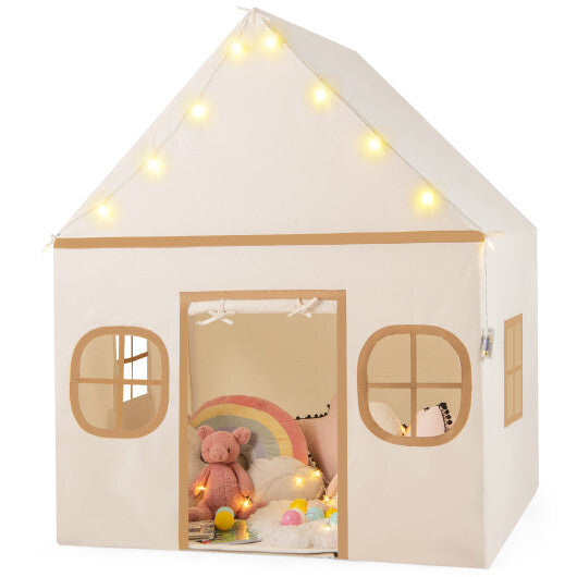 Kids Play Tent Large Playhouse with Door Curtain and Windows Star Lights-Coffee W2B