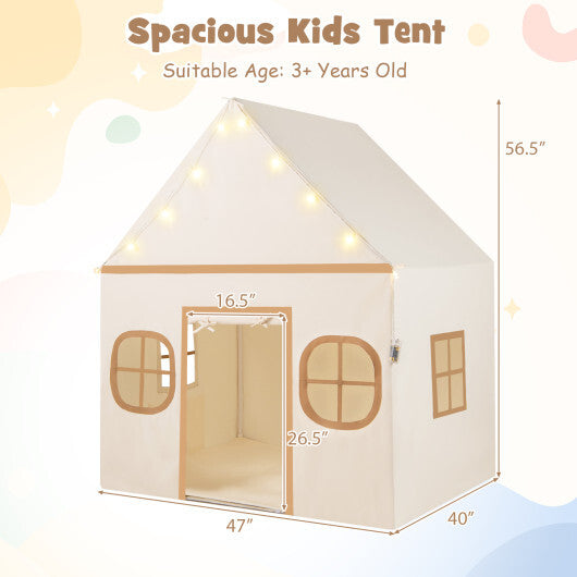 Kids Play Tent Large Playhouse with Door Curtain and Windows Star Lights-Coffee W2B