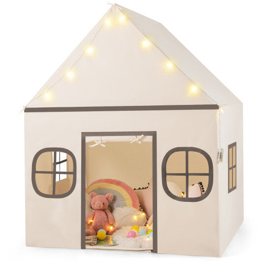 Kids Play Tent Large Playhouse with Door Curtain and Windows Star Lights-Coffee W2B