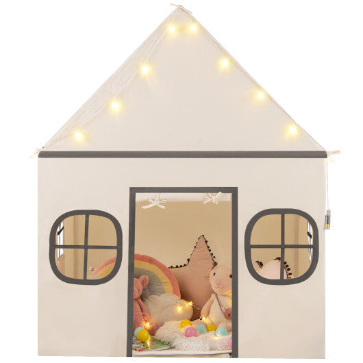 Kids Play Tent Large Playhouse with Door Curtain and Windows Star Lights-Coffee W2B