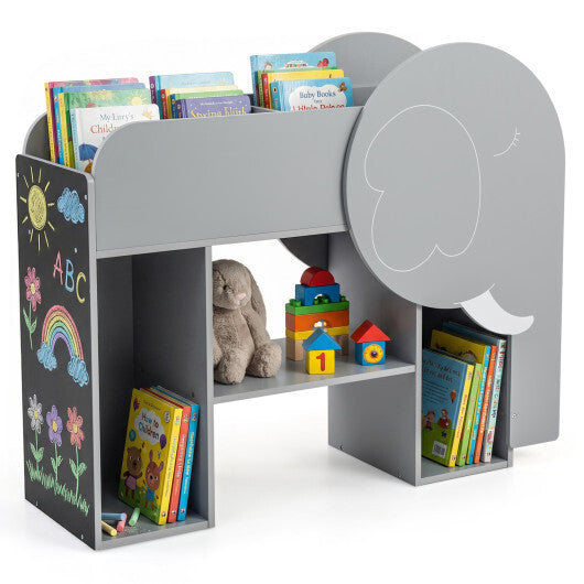 Montessori Bookshelf with Elephant Shape 3-Tier Toddler Toy Storage Organizer-Grey W2B