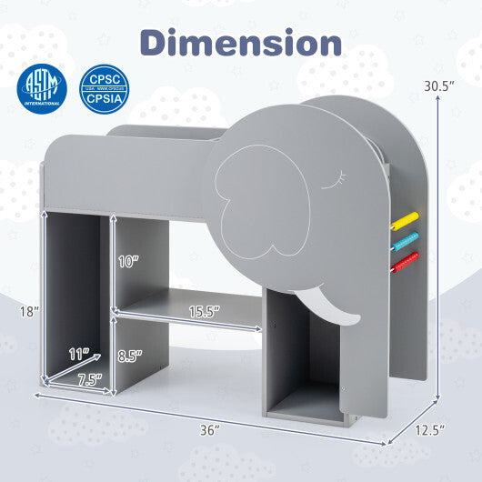Montessori Bookshelf with Elephant Shape 3-Tier Toddler Toy Storage Organizer-Grey W2B