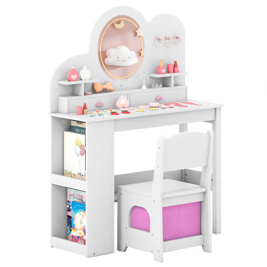 Kids Vanity with Lights Princess Vanity Table and Chair Set with 2 Drawers and 2-Tier Bookshelf-White