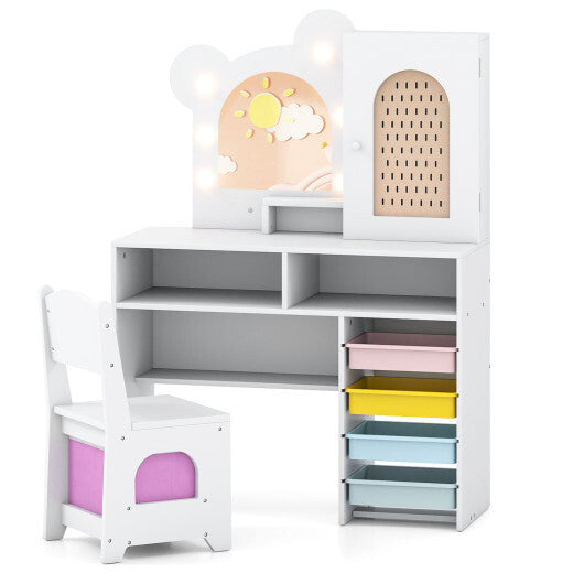 Kids Vanity with Lights and 5 Drawers for Kids Aged 3+ Years Old-White W2B