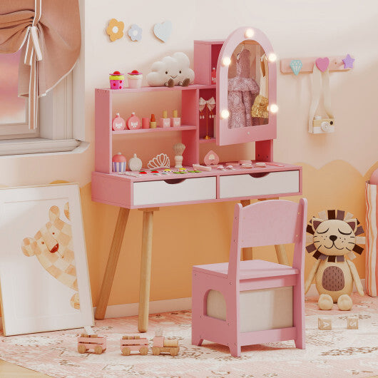 Kids Vanity Set Pretend Play Dressing Table Set with 3-Color Lighting Modes Adjustable Brightness and Mirror Cabinet-Pink